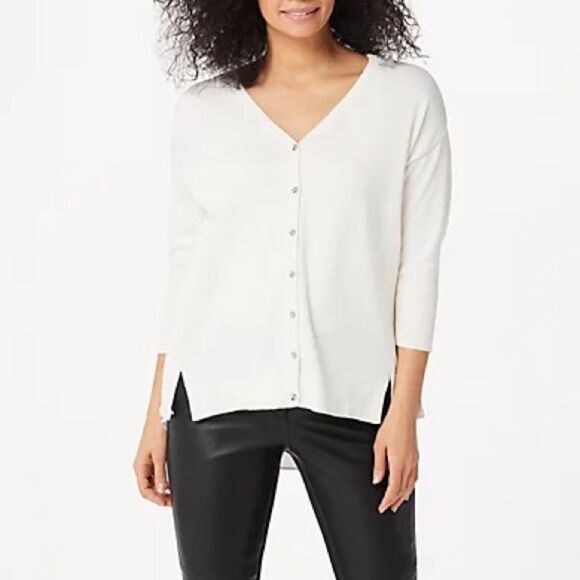 H by Halston with Woven Hem 3/4-Sleeve Boyfriend Cardigan - Picture 1 of 6
